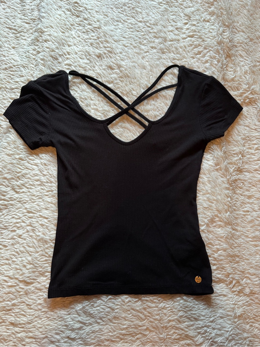 Guess Black Short Sleeve Ribbed Top with Crisscross Back